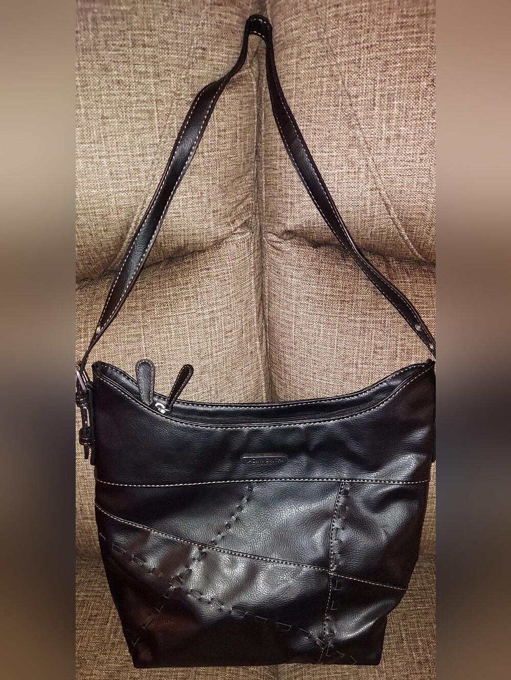 Jaclyn Smith Black Leather Shoulder Bag with Stitched Patchwork